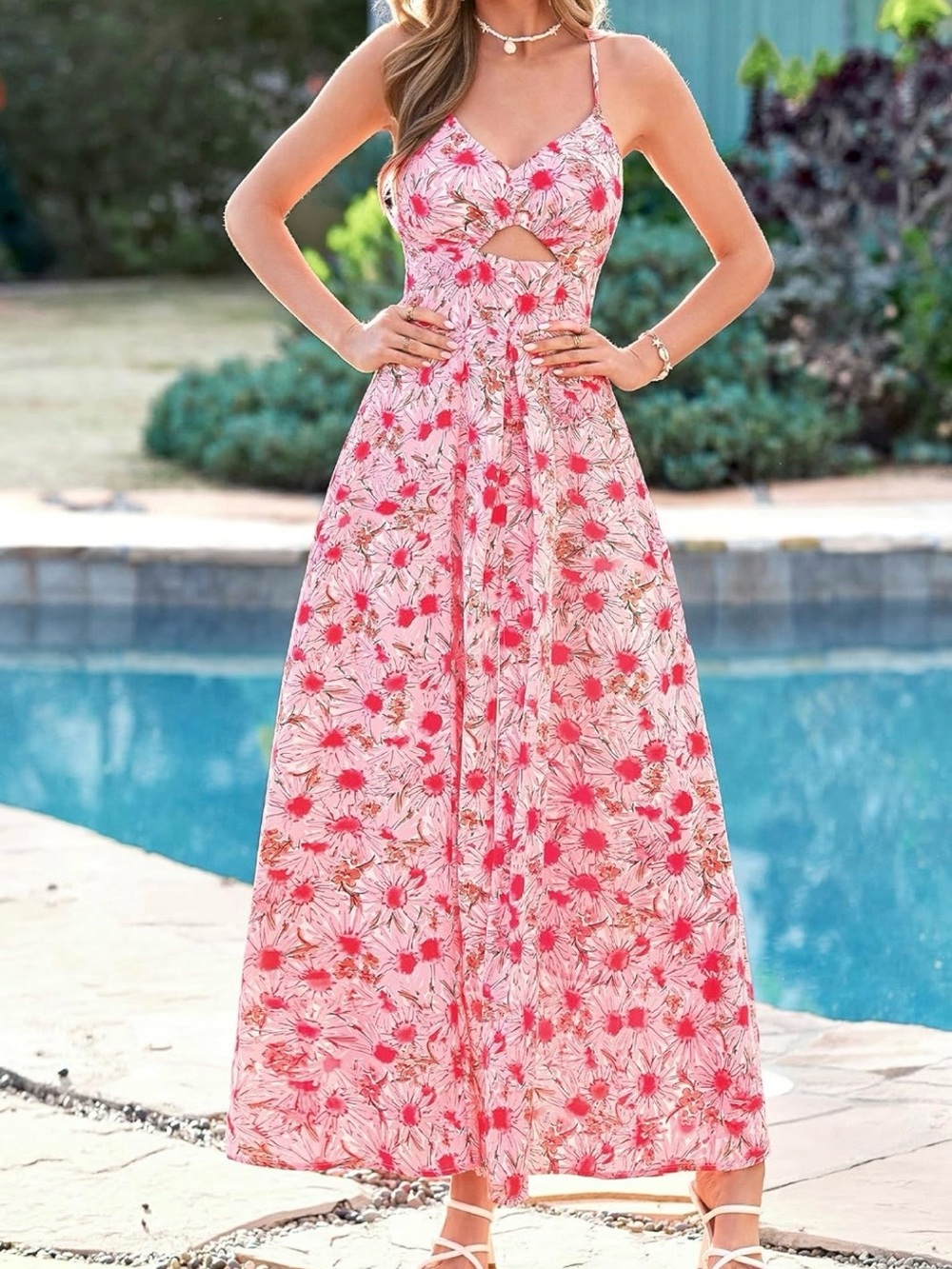 #22 BTFBM Floral Spaghetti Strap Smocked Cutout Maxi Dress Resort Beach Vacation
